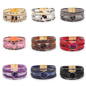 Leopard print multi-layer leather magnetic buckle bracelet