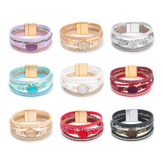 Crystal Diamond Beaded Magnetic Buckle Leather Bracelet