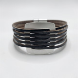 Fashionable metal square accessory multi-layer color blocking leather magnetic buckle bracelet