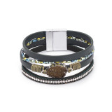 Crystal Diamond Beaded Magnetic Buckle Leather Bracelet