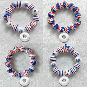American Independence Day Flag Colored Wooden Bead Elastic Bracelet fit 20mm snap button