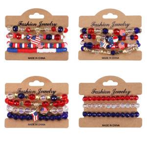 American Flag Red White Blue Crystal Bracelet Independence Day Multi layered Beaded Elastic Bracelet
