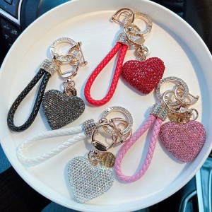 Love Keychain with Diamond Leather Rope Car Keychain Bag Pendant