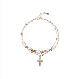 Stainless Steel Jewelry Set Full Diamond Cross Necklace Pendant Double Row Pearl Bracelet