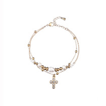 Stainless Steel Jewelry Set Full Diamond Cross Necklace Pendant Double Row Pearl Bracelet