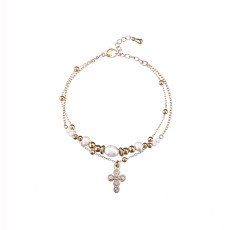 Stainless Steel Jewelry Set Full Diamond Cross Necklace Pendant Double Row Pearl Bracelet