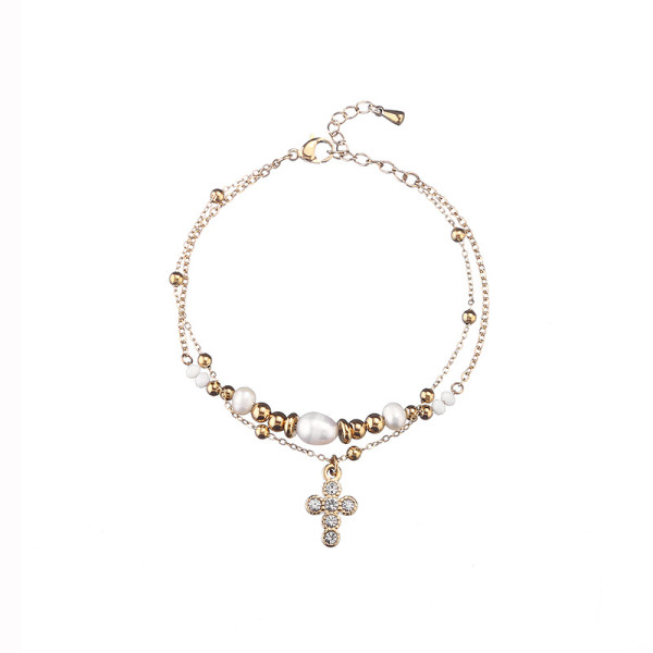 Stainless Steel Jewelry Set Full Diamond Cross Necklace Pendant Double Row Pearl Bracelet