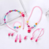 Children's Resin Necklace Bracelet Four Piece Set Ring Earrings Girls' Plastic Flower Set