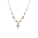 Stainless Steel Jewelry Set Full Diamond Cross Necklace Pendant Double Row Pearl Bracelet