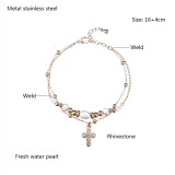 Stainless Steel Jewelry Set Full Diamond Cross Necklace Pendant Double Row Pearl Bracelet