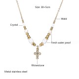 Stainless Steel Jewelry Set Full Diamond Cross Necklace Pendant Double Row Pearl Bracelet