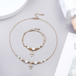 Stainless Steel Jewelry Set Full Diamond Cross Necklace Pendant Double Row Pearl Bracelet