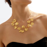 Elegant Metal Leaves Exaggerate Personality Neckchain Earrings