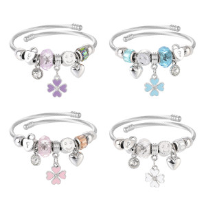 Stainless Steel DIY Beaded Colorful Flower Pendant with Adjustable Opening Bracelet