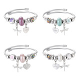 Stainless Steel DIY Beaded Colorful Dragonfly Love Pendant with Adjustable Opening Bracelet