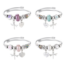 Stainless Steel DIY Beaded Colorful Dragonfly Love Pendant with Adjustable Opening Bracelet