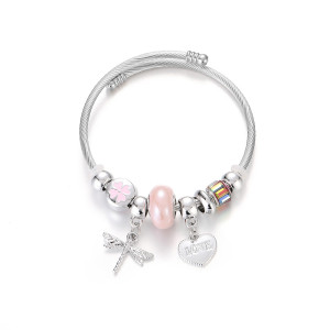 Stainless Steel DIY Beaded Colorful Dragonfly Love Pendant with Adjustable Opening Bracelet