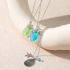 Colored sea glass pendant, vacation seahorse, starfish, pearl necklace