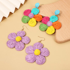 Handwoven Alloy Lafite Grass Earrings Bohemian Flower Colored Five petal Flower Earrings