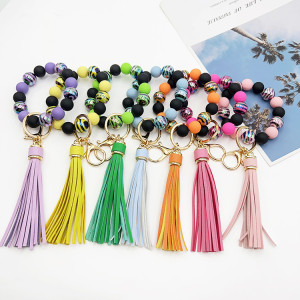UV plated colorful zebra stripes handmade beaded bracelet with tassel keychain