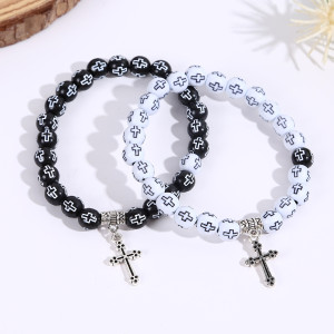 Black and white cross bead bracelet, cross bracelet, men's and women's prayer bead bracelet, couple's style