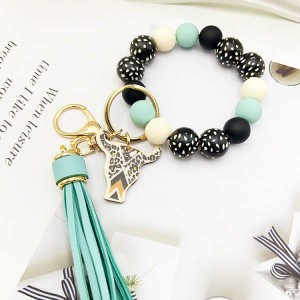 Printed Wooden Bullhead Sesame Spot Wooden Bead PU Tassel Bracelet Keychain