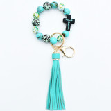 Leopard Beaded Bracelet Key Chain Silicone Cross Beaded Bracelet PU Tassel Key Pendant