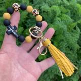 Leopard Beaded Bracelet Key Chain Silicone Cross Beaded Bracelet PU Tassel Key Pendant
