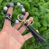 Leopard Beaded Bracelet Key Chain Silicone Cross Beaded Bracelet PU Tassel Key Pendant