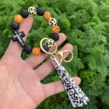 Leopard Beaded Bracelet Key Chain Silicone Cross Beaded Bracelet PU Tassel Key Pendant