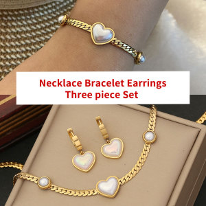 Stainless Steel Pearl Love Necklace Bracelet Earrings Three piece Set