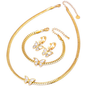 Stainless Steel Butterfly Shell Necklace Bracelet Earrings Three piece Set