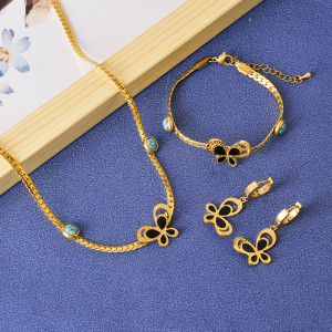 Stainless Steel Hollowed out butterfly Necklace Bracelet Earrings Three piece Set