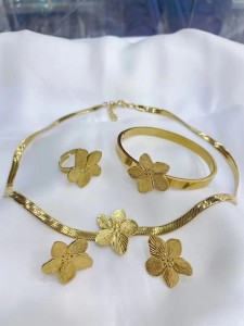 Stainless steel flower earrings, bracelets, necklaces, rings, four piece set