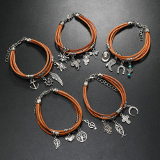 Vintage Western Cowboy Style Handwoven Multiple Pendant Love Life Tree Music Creative Leather Bracelet