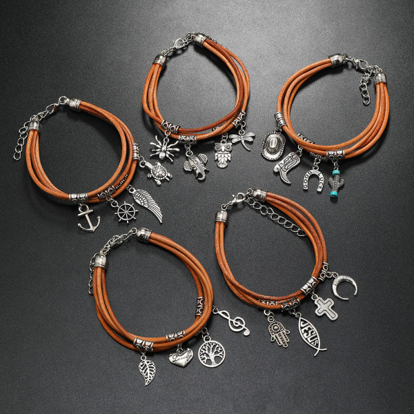 Vintage Western Cowboy Style Handwoven Multiple Pendant Love Life Tree Music Creative Leather Bracelet