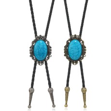 Punk retro minimalist turquoise flower shaped alloy long polo neck necklace
