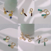 Stainless Steel Natural Stone Octagonal Star Sun Turquoise Earrings
