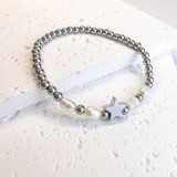 Stainless steel round bead elastic star moon love freshwater pearl bracelet