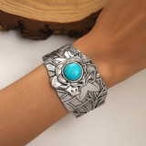 Vintage turquoise inlaid bracelet carved with vintage bohemian style accessories