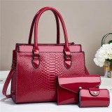 Large capacity single shoulder crossbody handbag embossed glossy leather three piece set
