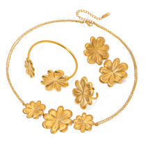 Stainless Steel Flower Bracelet Necklace Ring Earring Set