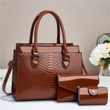 Large capacity single shoulder crossbody handbag embossed glossy leather three piece set