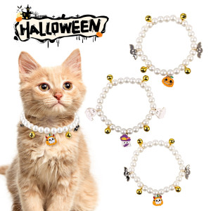 Pet pearl necklace decoration Halloween cat collar small dog bell neck accessory