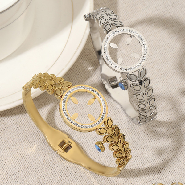 Stainless steel diamond inlaid circular hollow leaf bracelet