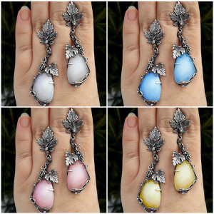 Metal grapevine leaf earrings with water droplet shaped cat's eye stone earrings