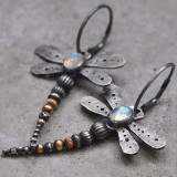 Metal Dragonfly Insect Moonlight Stone Earrings