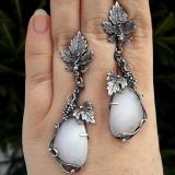 Metal grapevine leaf earrings with water droplet shaped cat's eye stone earrings