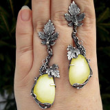 Metal grapevine leaf earrings with water droplet shaped cat's eye stone earrings