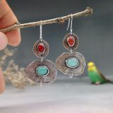 Bohemian Mint Jade and Artificial Coral Earrings Creative Asymmetric Retro Thai Silver Earrings